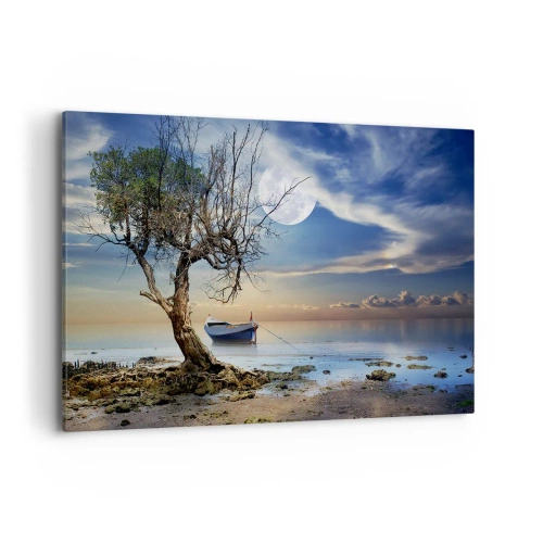 Cuadro sobre lienzo - Impresión de Imagen - Un árbol solitario y un barco en aguas tranquilas bajo la luna llena. - 120x80cm - ¿Es el final o el principio? - Decoración de pared moderna para salón y dormitorio ARTTOR