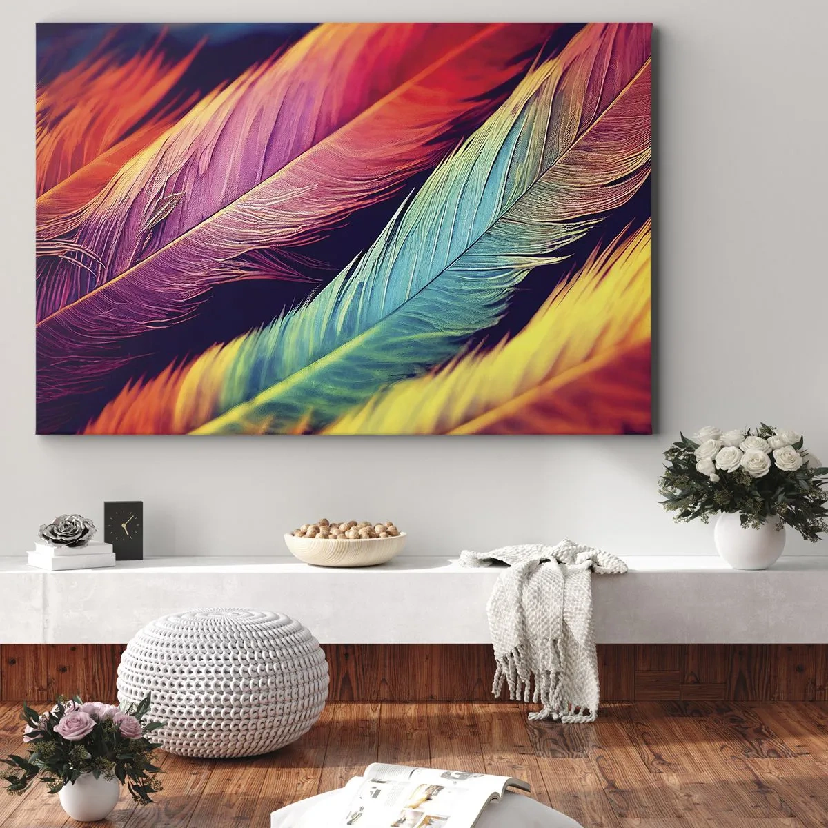 Cuadro sobre lienzo - Impresión de Imagen - Plumas de colores intensos - 70x50cm - Arco iris plumoso - Decoración de pared moderna para salón y dormitorio ARTTOR