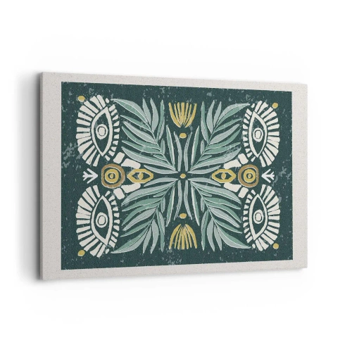 Cuadro sobre lienzo - Impresión de Imagen - Patrón de planta simétrica sobre un fondo verde. - 120x80cm - Como un recorte folclórico - Decoración de pared moderna para salón y dormitorio ARTTOR