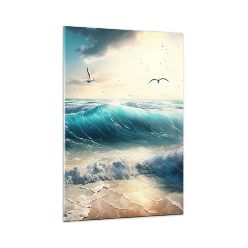 Cuadro sobre vidrio - Impresiones sobre Vidrio - Olas del mar en la playa bajo un cielo azul con gaviotas - 80x120cm - La brisa solo para ti - Decoración de pared moderna para salón y dormitorio ARTTOR