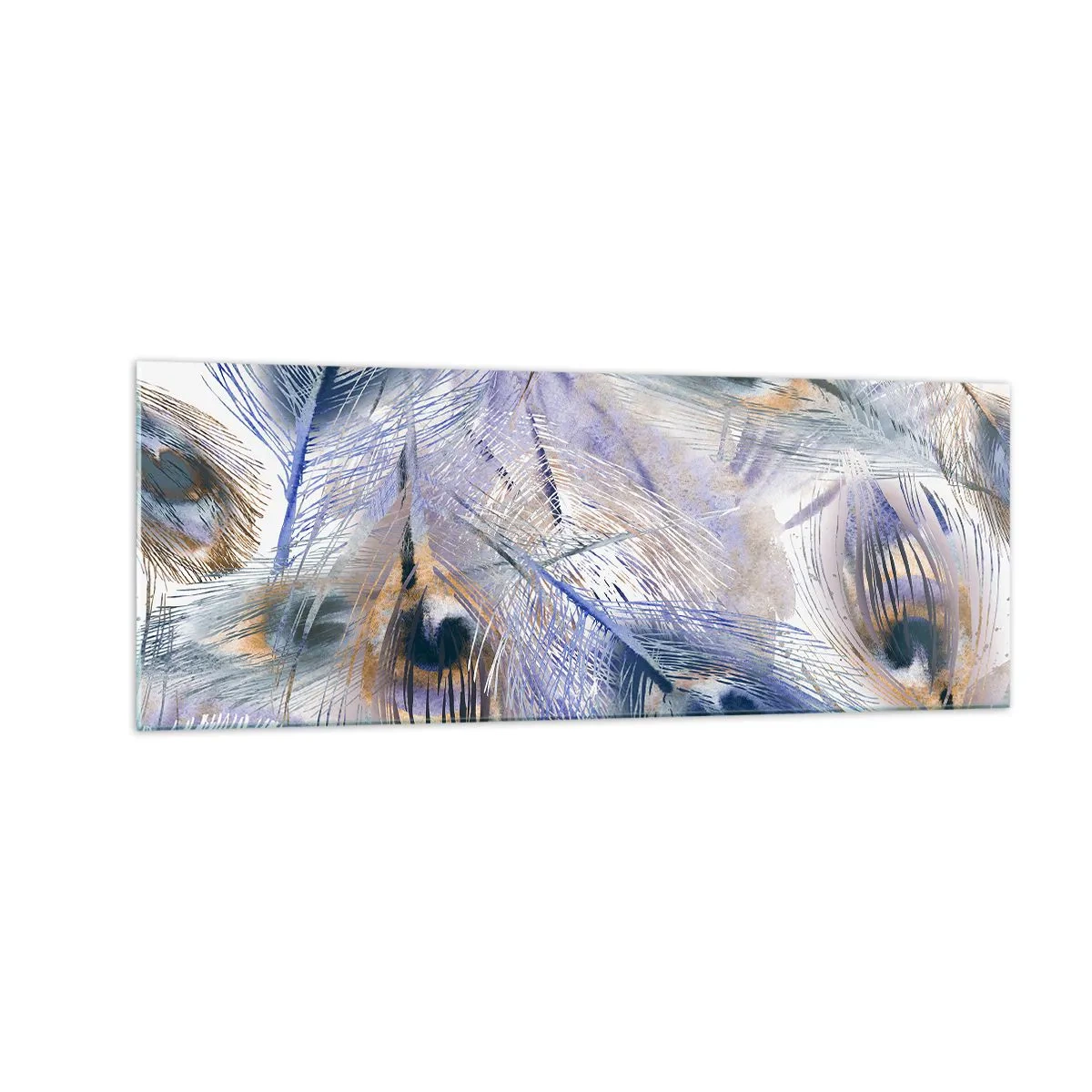 Cuadro sobre vidrio - Impresiones sobre Vidrio - Un patrón con plumas de pavo real en tonos azules y dorados. - 140x50cm - Composición - Decoración de pared moderna para salón y dormitorio ARTTOR