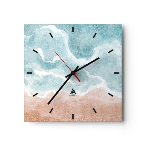 Reloj de pared - Reloj de vidrio - Playa abstracta con olas en tonos azules y beige. - 30x30cm - Abstracción de nubes - Decoración de pared moderna para salón y dormitorio ARTTOR