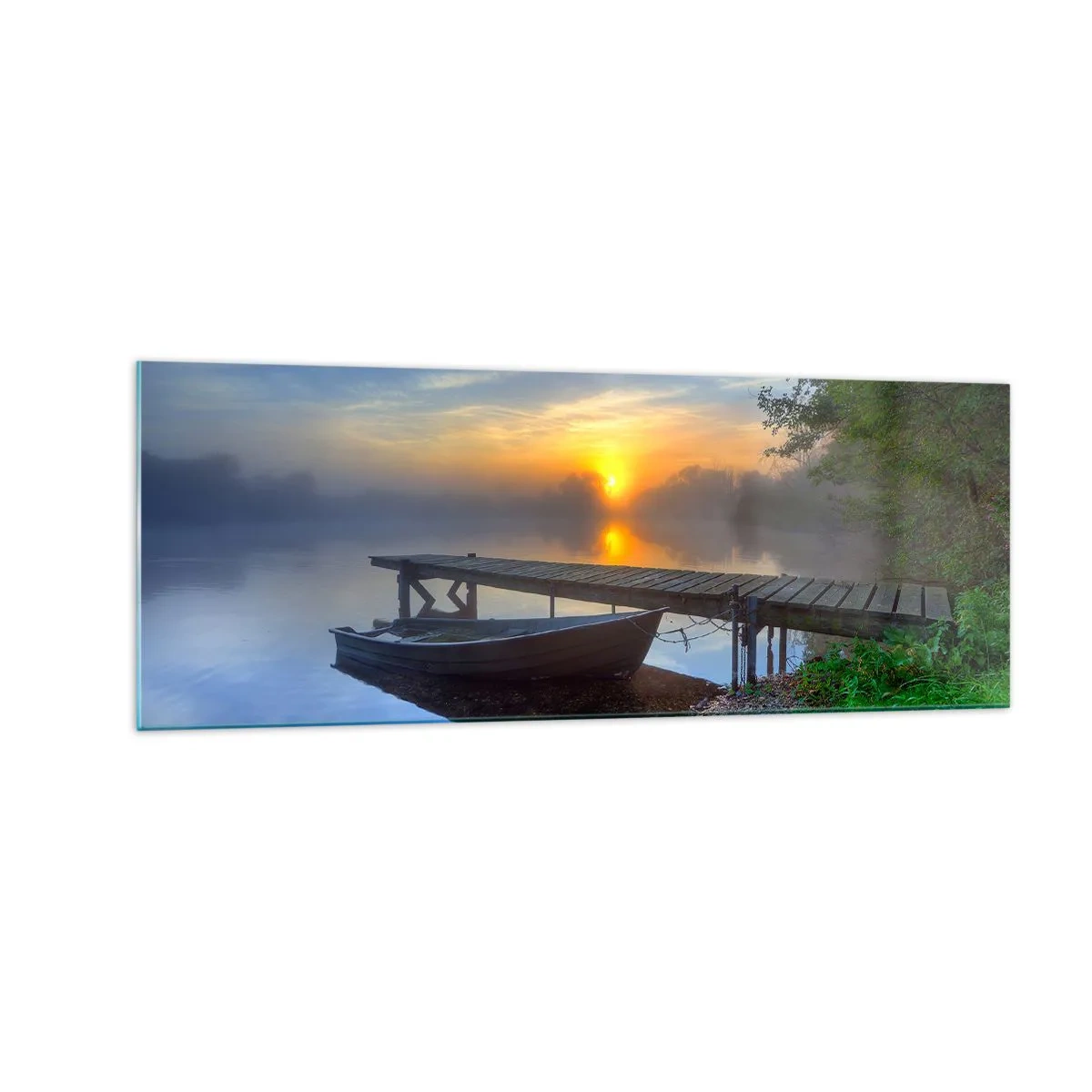 Cuadro sobre vidrio - Impresiones sobre Vidrio - Un embarcadero junto al lago al amanecer con un barco en la orilla. - 140x50cm - Cómo lo ordinario se convierte en mágico - Decoración de pared moderna para salón y dormitorio ARTTOR