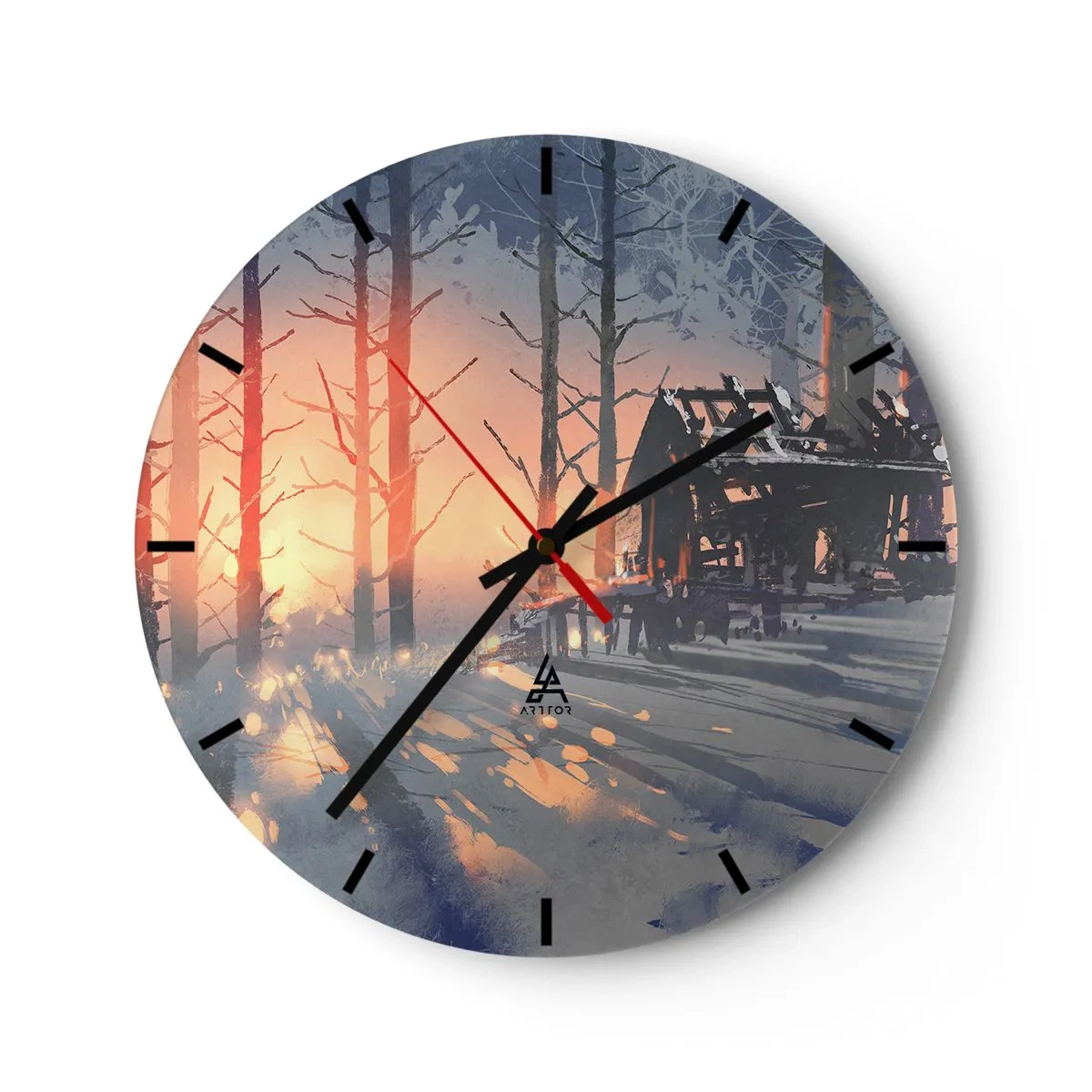 Reloj de pared - Reloj de vidrio - Una cabaña en el bosque iluminada por los rayos del sol poniente. - 30x30cm - Solo el sol es testigo - Decoración de pared moderna para salón, cocina y dormitorio ARTTOR