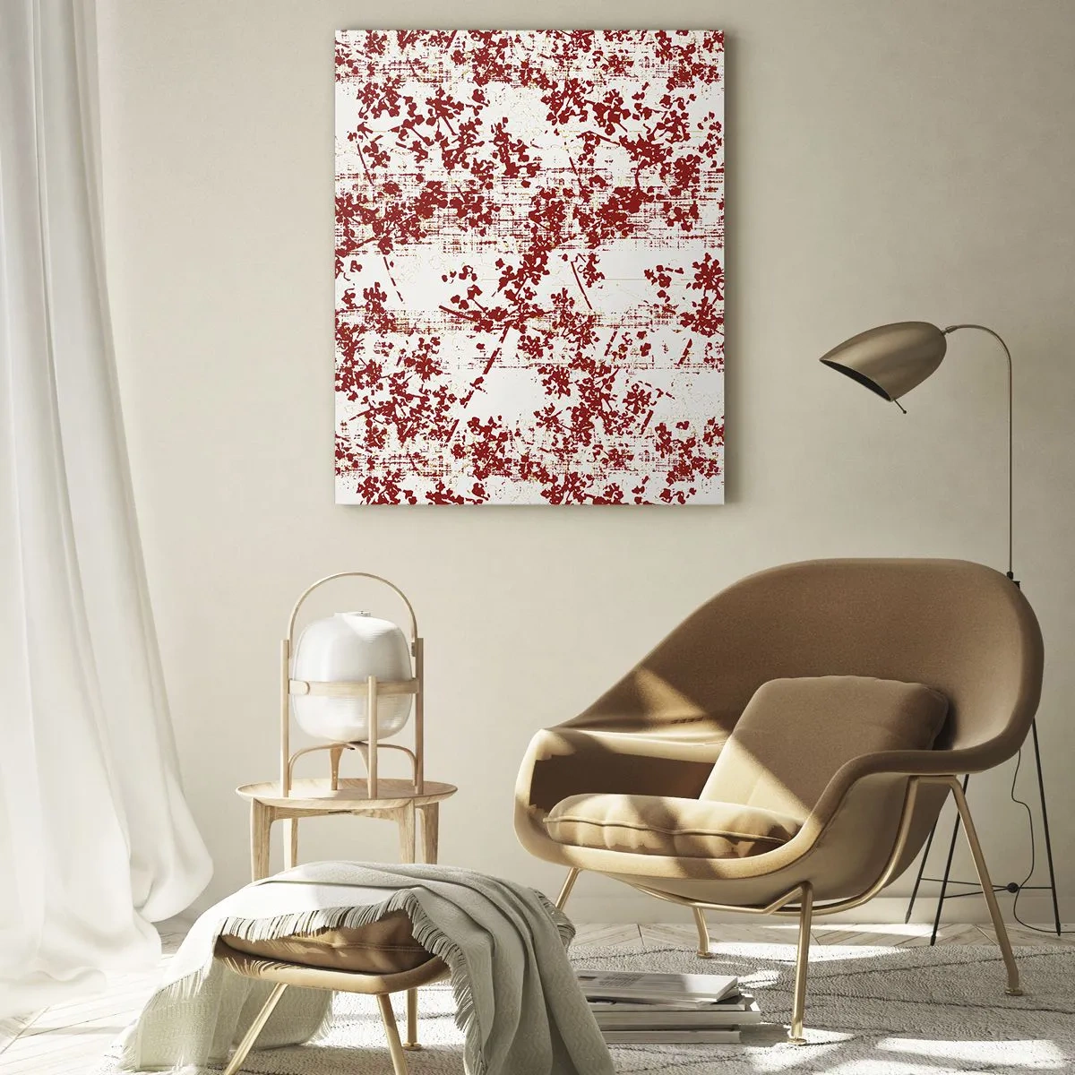 Cuadro sobre vidrio - Impresiones sobre Vidrio - Un patrón floral en rojo sobre un fondo claro y desgastado. - 50x70cm - Como un viejo percal - Decoración de pared moderna para salón y dormitorio ARTTOR