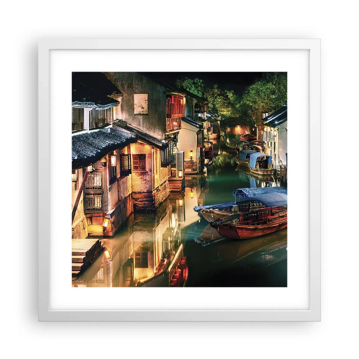 Póster en marco blanco - Noche en una calle china - 40x40 cm