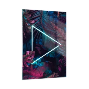 Cuadro sobre vidrio - Impresiones sobre Vidrio - Un triángulo de neón rodeado de plantas tropicales en tonos rosa y azul. - 50x70cm - Jardín fluorescente - Decoración de pared moderna para salón y dormitorio ARTTOR