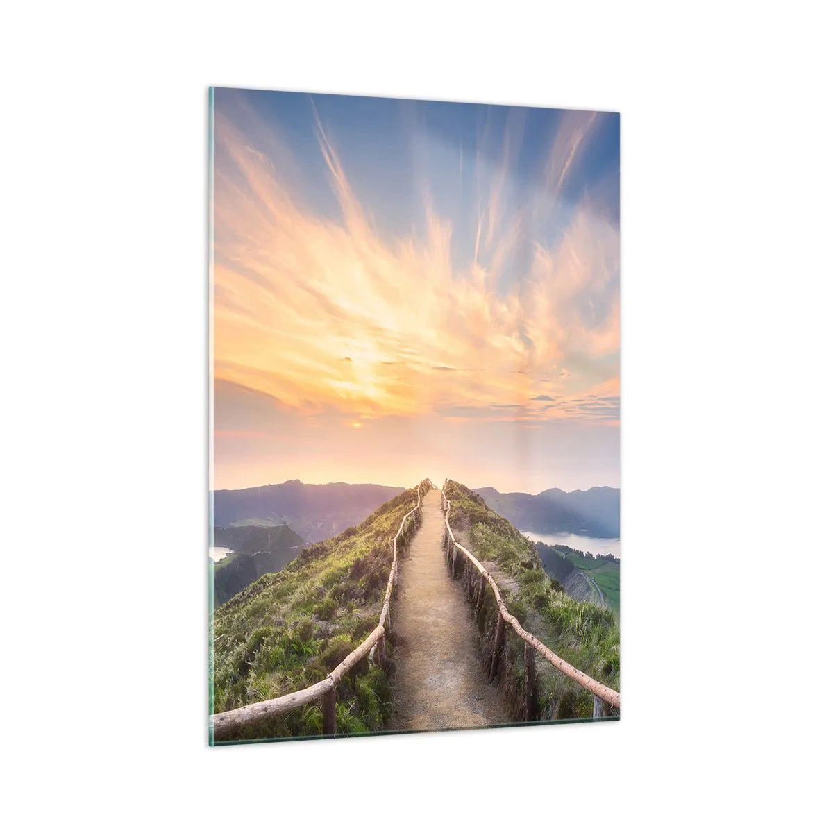 Cuadro sobre vidrio - Impresiones sobre Vidrio - Sendero en la cima de la colina con vista al atardecer - 50x70cm - Cerca del cielo - Decoración de pared moderna para salón y dormitorio ARTTOR