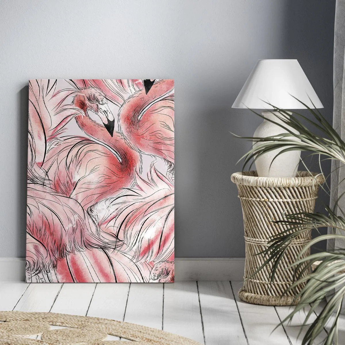Cuadro sobre lienzo - Impresión de Imagen - Delicados dibujos de flamencos rosados - 50x70cm - Ballet de aves - Decoración de pared moderna para salón y dormitorio ARTTOR
