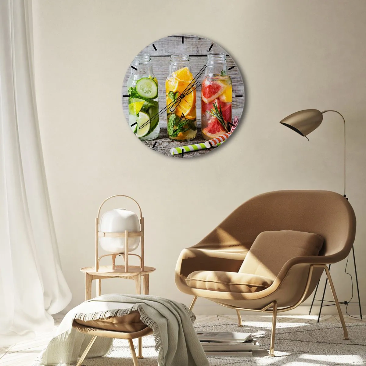 Reloj de pared - Reloj de vidrio - Tres botellas de agua con sabor a frutas y hierbas. - 30x30cm - Saludable por naturaleza - Decoración de pared moderna para salón, cocina y dormitorio ARTTOR