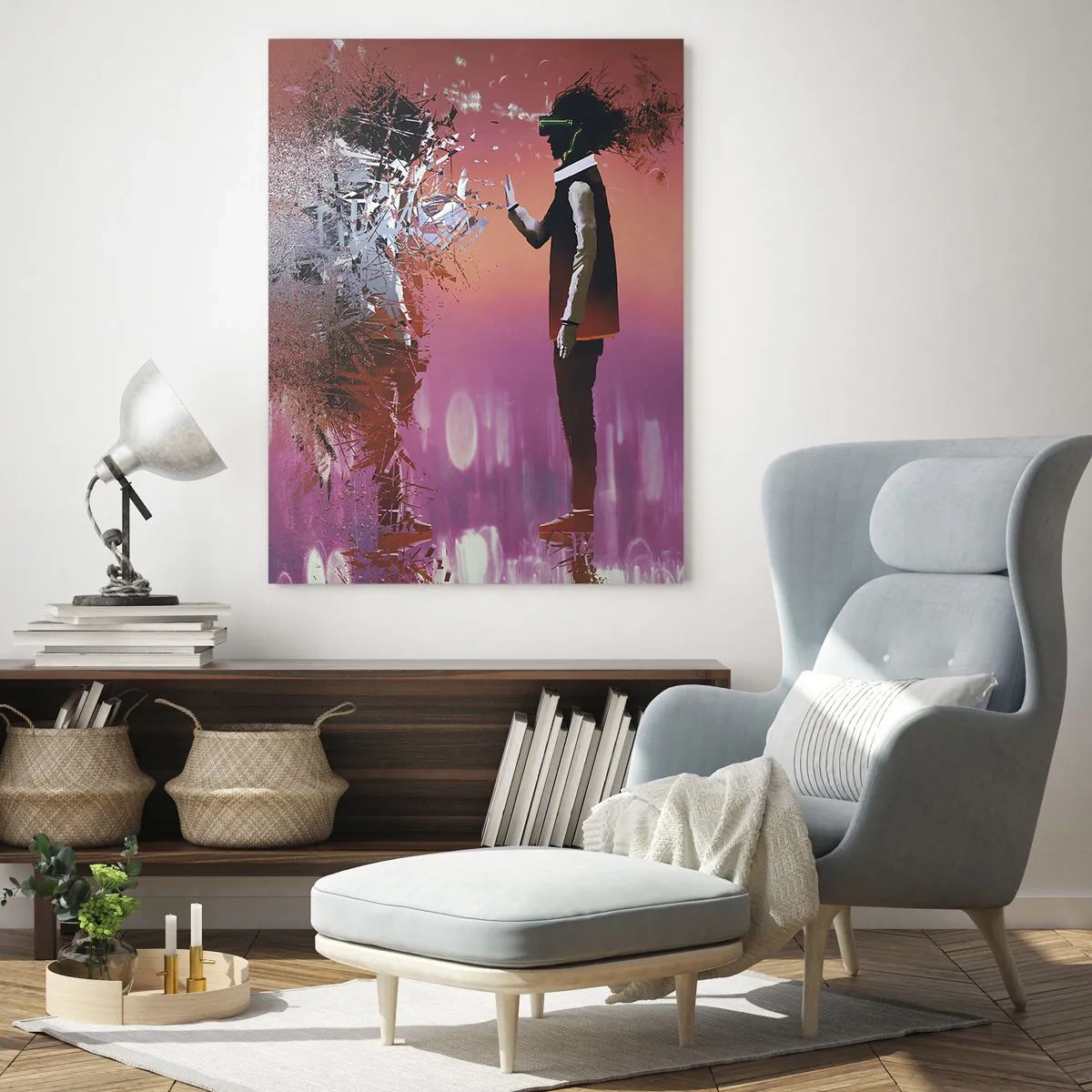 Cuadro sobre vidrio - Impresiones sobre Vidrio - Una escena abstracta con una figura futurista y elementos dispersos. - 80x120cm - ¿Es posible mirar dentro de uno mismo? - Decoración de pared moderna para salón y dormitorio ARTTOR