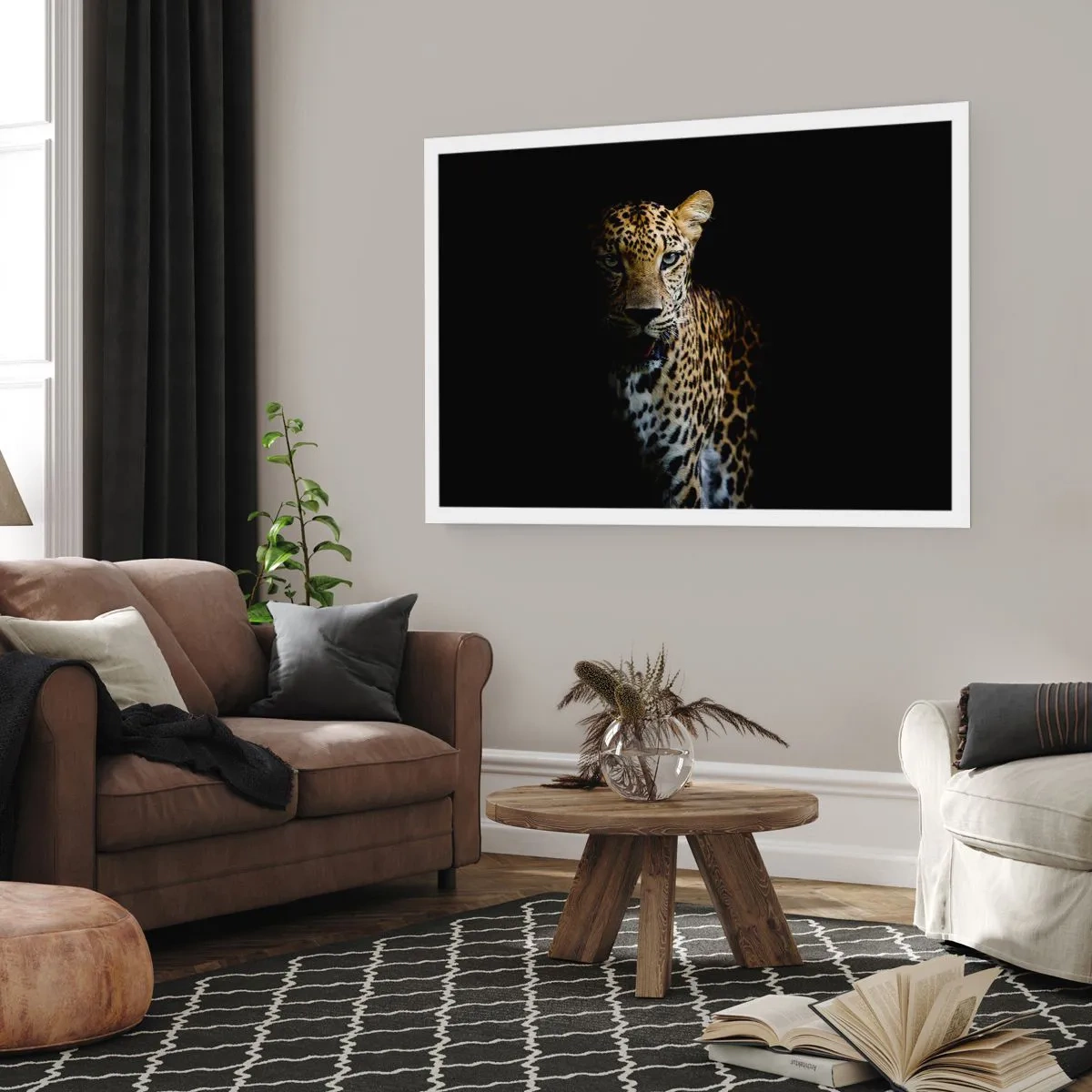 Póster - Un leopardo sobre un fondo oscuro con una mirada intensa. - 100x70cm - Belleza oscura - Decoración de pared moderna para salón y dormitorio ARTTOR