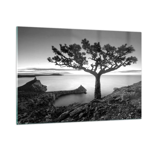 Cuadro sobre vidrio - Impresiones sobre Vidrio - Un árbol en un acantilado con vistas a la bahía. - 120x80cm - Calma hasta el horizonte - Decoración de pared moderna para salón y dormitorio ARTTOR