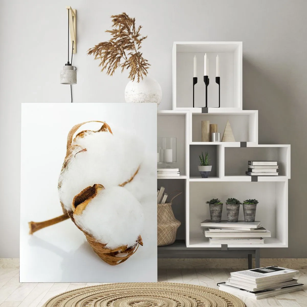 Cuadro sobre vidrio - Impresiones sobre Vidrio - Una sola flor de algodón esponjosa sobre un fondo blanco. - 50x70cm - Suave por naturaleza - Decoración de pared moderna para salón y dormitorio ARTTOR