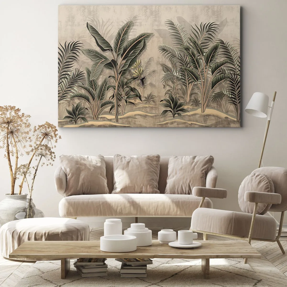 Cuadro sobre lienzo - Impresión de Imagen - Palmeras y vegetación tropical en tonos verdes sobre fondo beige. - 70x50cm - Grabados de estilo colonial - Decoración de pared moderna para salón y dormitorio ARTTOR