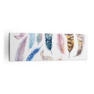 Cuadro sobre lienzo - Impresión de Imagen - Plumas de colores en un delicado estilo de acuarela. - 160x50cm - Ligero, colorido y multicolor - Decoración de pared moderna para salón y dormitorio ARTTOR