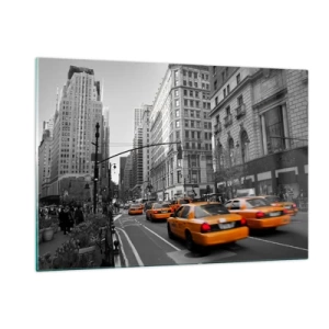 Cuadro sobre vidrio - Impresiones sobre Vidrio - Taxis amarillos en las calles de la ciudad en un entorno en blanco y negro - 120x80cm - Los soles de la gran ciudad - Decoración de pared moderna para salón y dormitorio ARTTOR