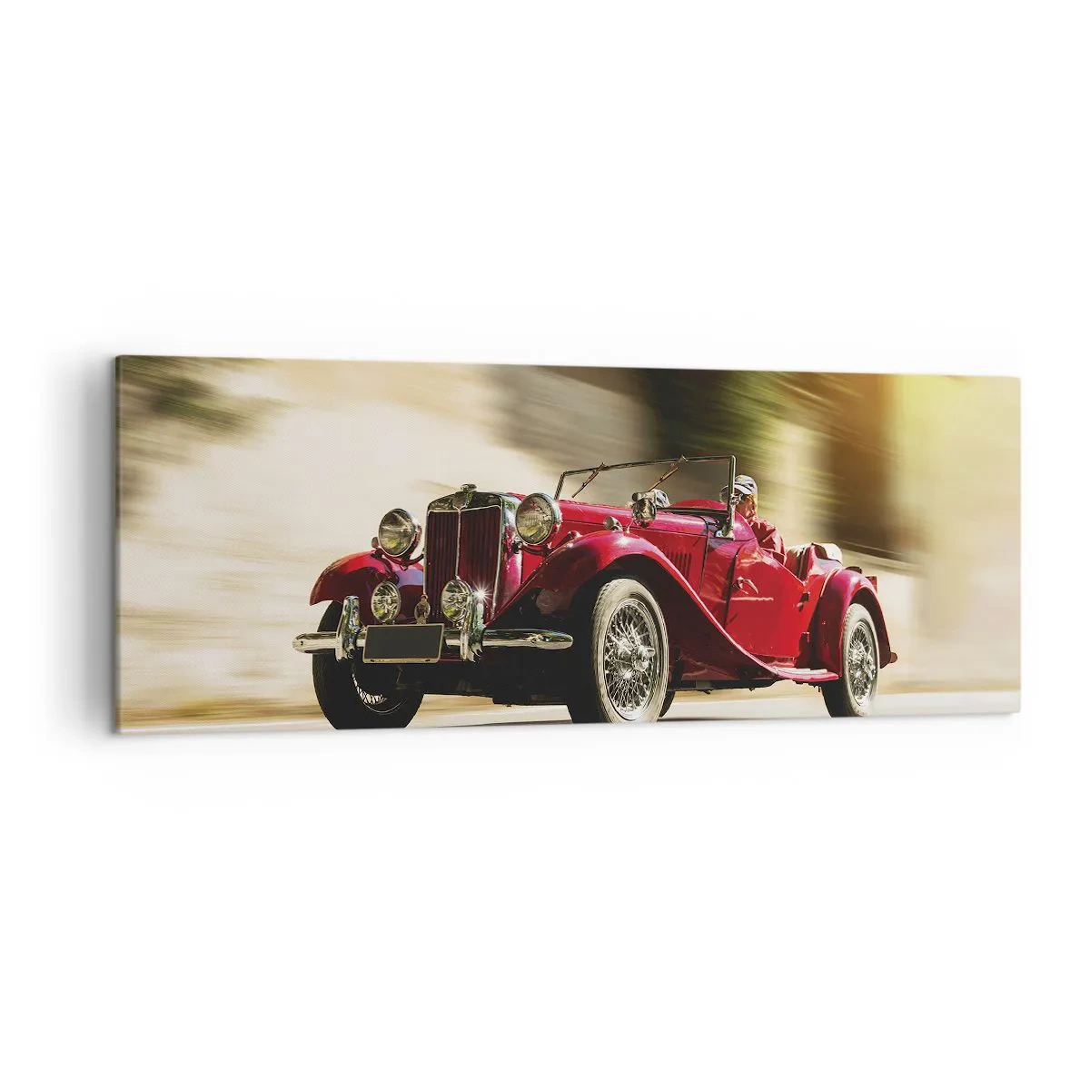 Cuadro sobre lienzo - Impresión de Imagen - Coche clásico rojo en movimiento en una calle soleada - 140x50cm - Hermosa pieza de museo - Decoración de pared moderna para salón y dormitorio ARTTOR