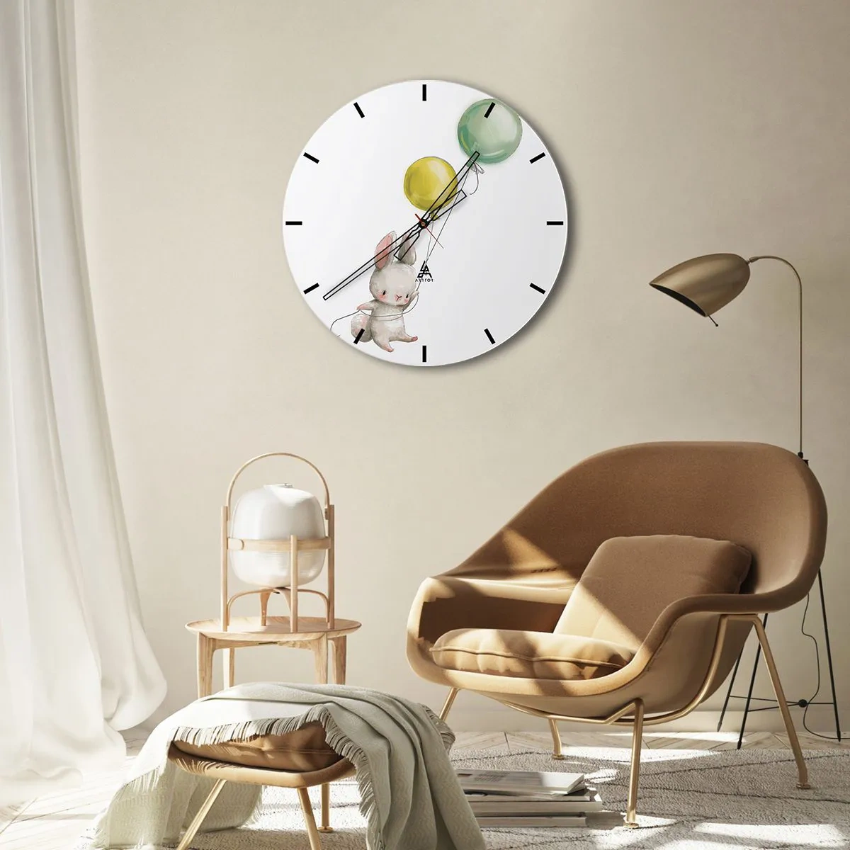 Reloj de pared - Reloj de vidrio - Un conejito sosteniendo un globo verde y amarillo flotando en el aire. - 30x30cm - ¡Yo también volaré! - Decoración de pared moderna para salón, cocina y dormitorio ARTTOR