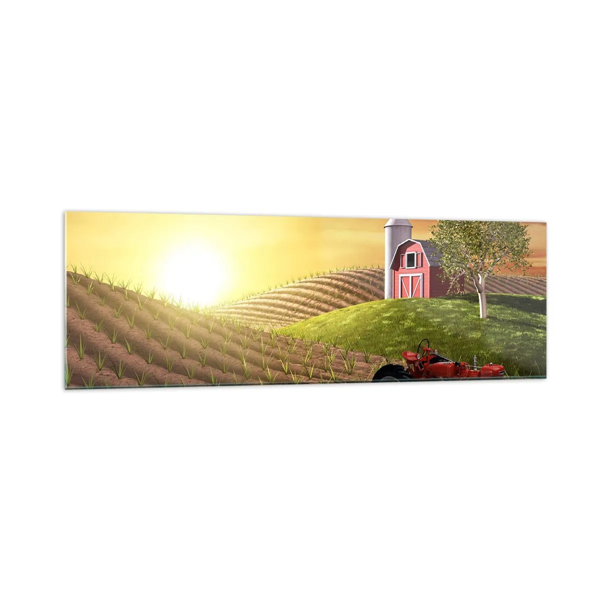Cuadro sobre vidrio - Impresiones sobre Vidrio - Paisaje rural con un granero rojo, un tractor y el amanecer. - 160x50cm - Una granja como un cuento de hadas - Decoración de pared moderna para salón y dormitorio ARTTOR