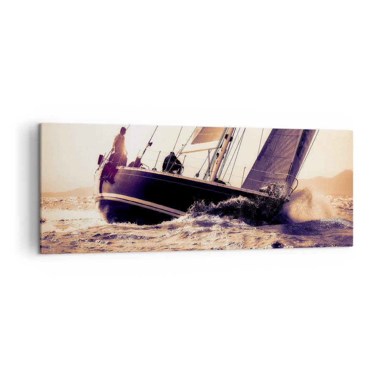 Cuadro sobre lienzo - Impresión de Imagen - Un yate en un mar tempestuoso a la luz del sol poniente. - 140x50cm - Navega, marinero - Decoración de pared moderna para salón y dormitorio ARTTOR