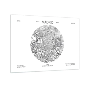 Cuadro sobre vidrio - Impresiones sobre Vidrio - Un mapa minimalista de Madrid en blanco y negro en forma circular. - 70x50cm - Anatomía de Madrid - Decoración de pared moderna para salón y dormitorio ARTTOR