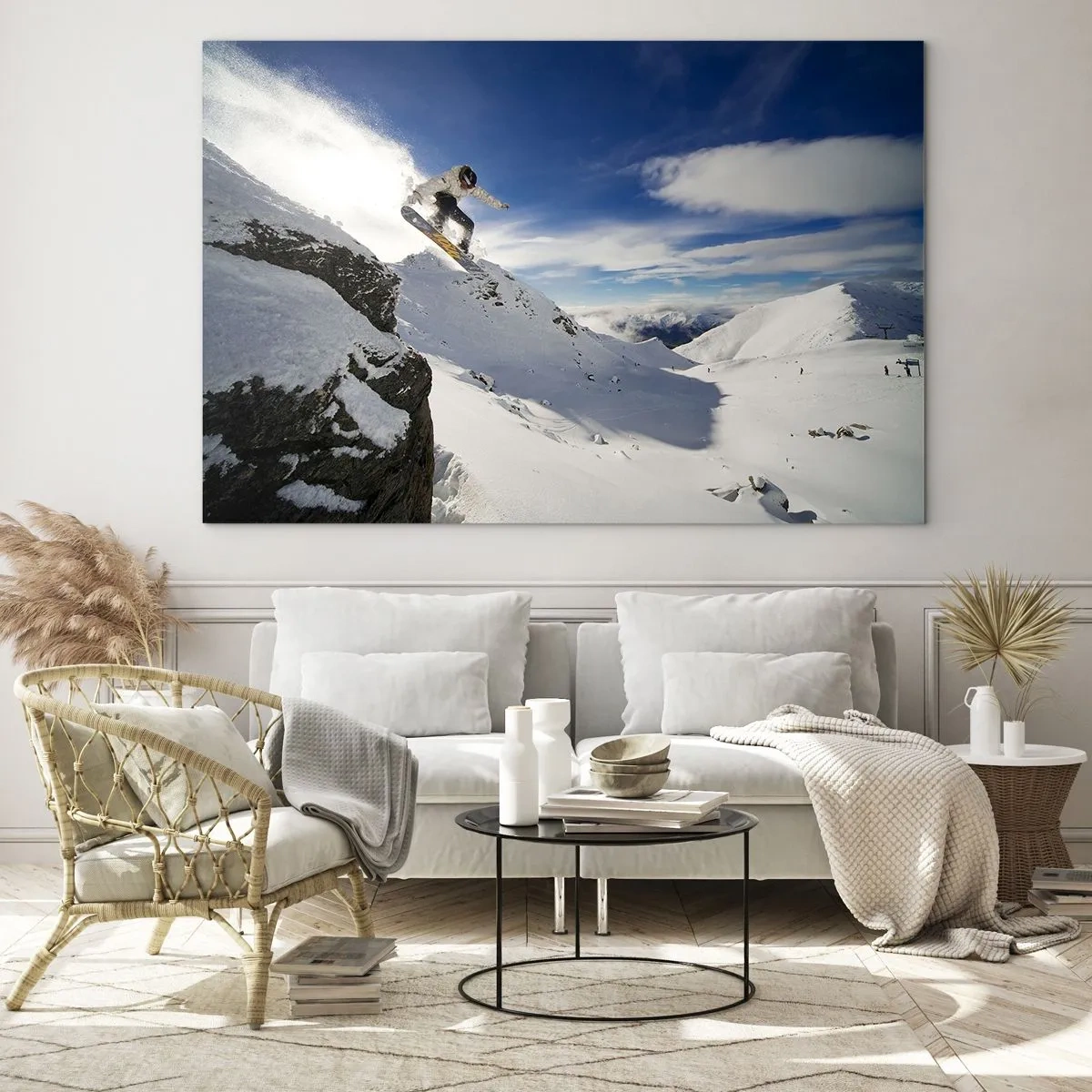 Cuadro sobre vidrio - Impresiones sobre Vidrio - Un snowboarder saltando de un acantilado en las montañas en invierno. - 120x80cm - Libertad sin fronteras - Decoración de pared moderna para salón y dormitorio ARTTOR