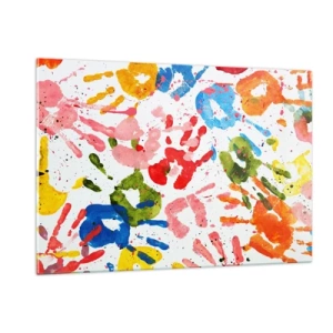 Cuadro sobre vidrio - Impresiones sobre Vidrio - Huellas de manos coloridas sobre un fondo blanco - 120x80cm - Juego de manos - Decoración de pared moderna para salón y dormitorio ARTTOR