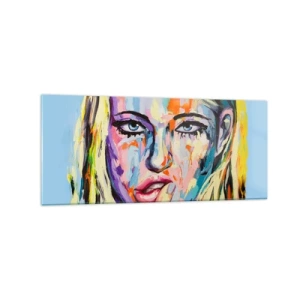 Cuadro sobre vidrio - Impresiones sobre Vidrio - Retrato colorido de una mujer en estilo abstracto. - 120x50cm - Mírala a los ojos - Decoración de pared moderna para salón y dormitorio ARTTOR