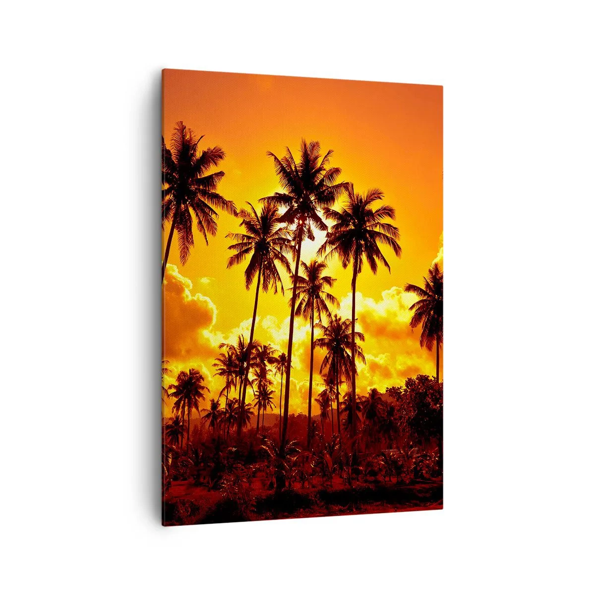 Cuadro sobre lienzo - Impresión de Imagen - Palmeras contra un cielo dorado durante una puesta de sol tropical - 70x100cm - Las montañas arden, los bosques arden - Decoración de pared moderna para salón y dormitorio ARTTOR