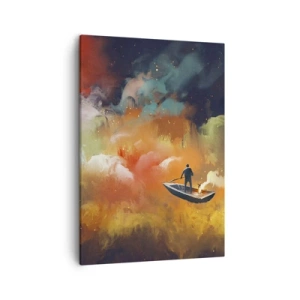 Cuadro sobre lienzo - Impresión de Imagen - Una figura en un barco contra un fondo de nubes de colores. - 50x70cm - En barco por la galaxia - Decoración de pared moderna para salón y dormitorio ARTTOR