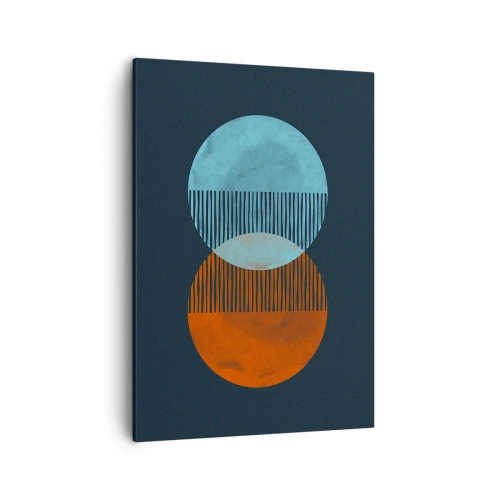 Cuadro sobre lienzo - Impresión de Imagen - Dos círculos naranjas y azules sobre un fondo oscuro. - 50x70cm - Fantasía astronómica - Decoración de pared moderna para salón y dormitorio ARTTOR