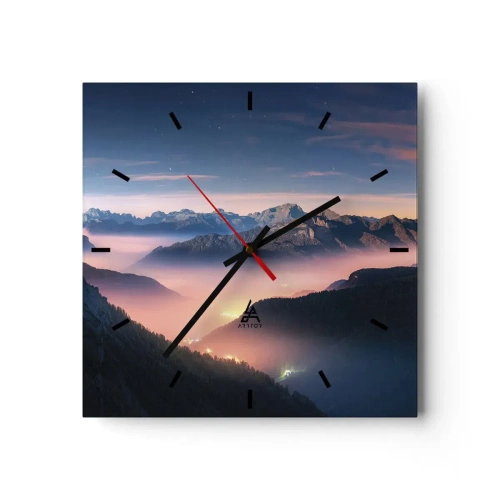 Reloj de pared - Reloj de vidrio - Un paisaje de montaña con un valle lleno de niebla. - 30x30cm - Luz en los valles - Decoración de pared moderna para salón y dormitorio ARTTOR