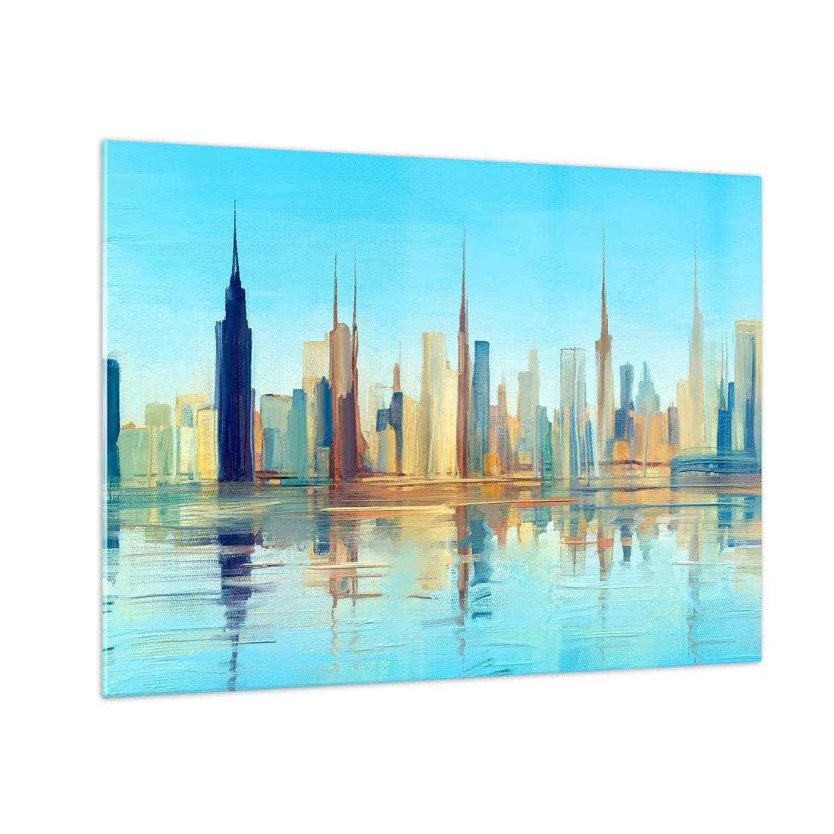 Cuadro sobre vidrio - Impresiones sobre Vidrio - Un panorama de la metrópolis reflejada en el agua bajo un cielo azul. - 70x50cm - Metrópolis soleada - Decoración de pared moderna para salón y dormitorio ARTTOR