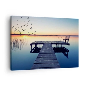 Cuadro sobre lienzo - Impresión de Imagen - Muelle de madera en un lago al amanecer con pájaros - 70x50cm - Fue un buen día - Decoración de pared moderna para salón y dormitorio ARTTOR