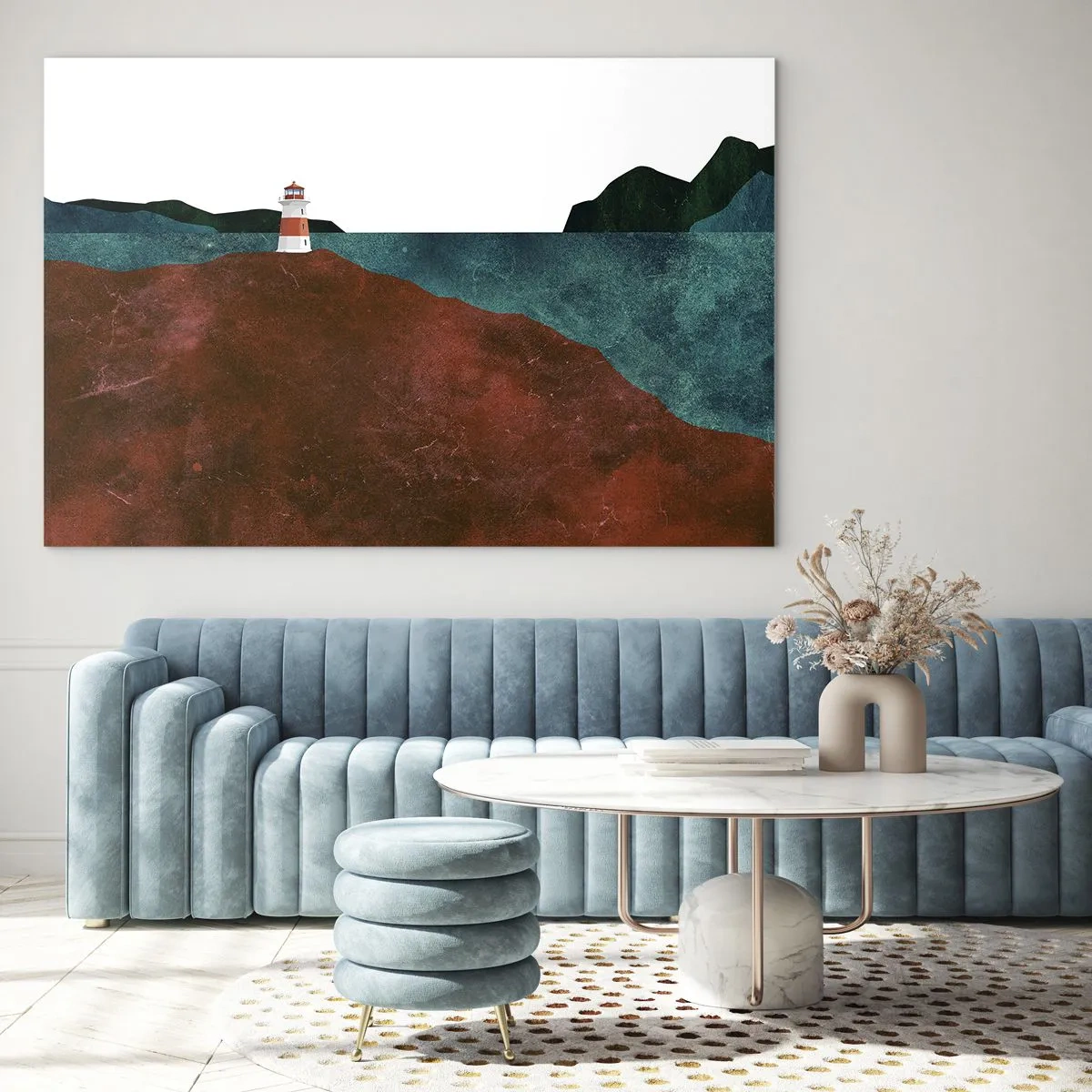Cuadro sobre vidrio - Impresiones sobre Vidrio - Un faro con el mar turquesa y acantilados rojos como telón de fondo. - 70x50cm - Mirando al mar - Decoración de pared moderna para salón y dormitorio ARTTOR