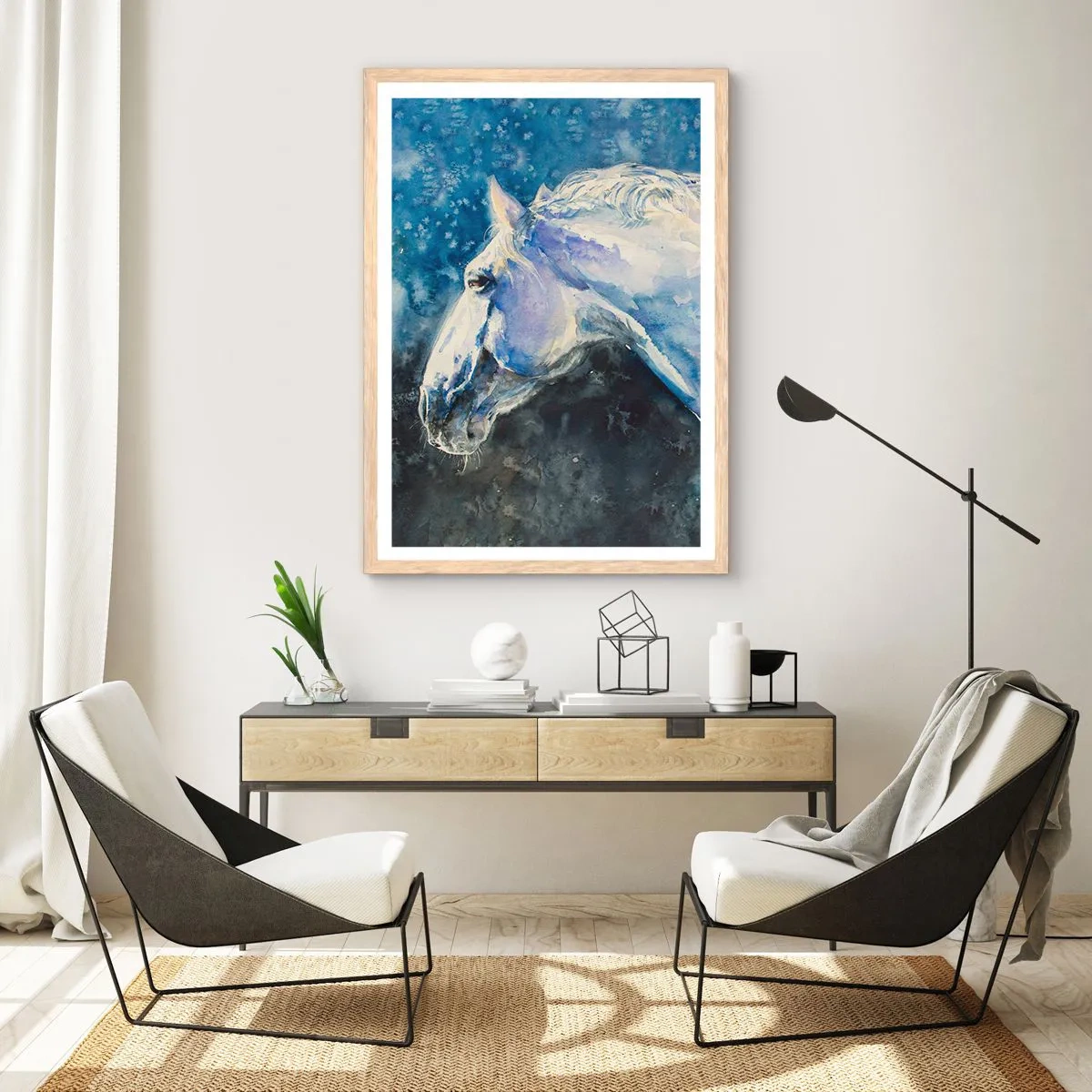 Póster en marco roble claro - Retrato en un resplandor azul - 70x100 cm