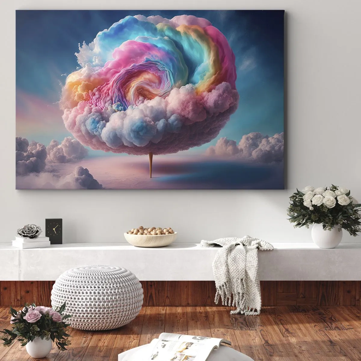 Cuadro sobre lienzo - Impresión de Imagen - Una nube en forma de espiral con colores pastel en el cielo. - 100x70cm - El sueño de un parque de atracciones - Decoración de pared moderna para salón y dormitorio ARTTOR