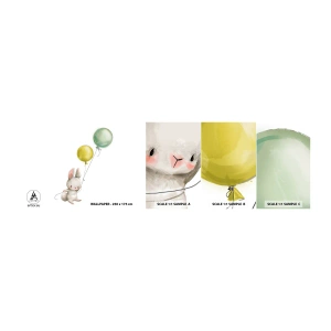 Muestra de fotomural autoadhesivo Deluxe Sticker - ¡Yo también volaré! - Para niños, Conejo, Globos coloridos - 100x30 cm