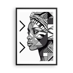 Póster en marco negro - Retrato geométrico de una mujer en blanco y negro. - 50x70cm - Retrato étnico - Decoración de pared moderna para salón y dormitorio ARTTOR