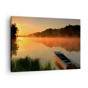 Cuadro sobre lienzo - Impresión de Imagen - Niebla matutina sobre el río con un barco bajo los rayos del sol. - 70x50cm - Amanecer sobre el agua como la superficie de un espejo - Decoración de pared moderna para salón y dormitorio ARTTOR