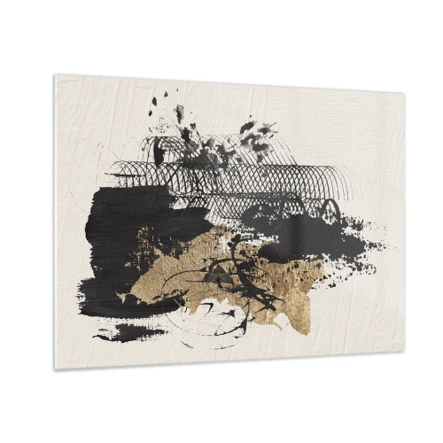 Cuadro sobre vidrio - Impresiones sobre Vidrio - Composición abstracta en negro y dorado sobre un fondo claro. - 70x50cm - Composición con pasión - Decoración de pared moderna para salón y dormitorio ARTTOR
