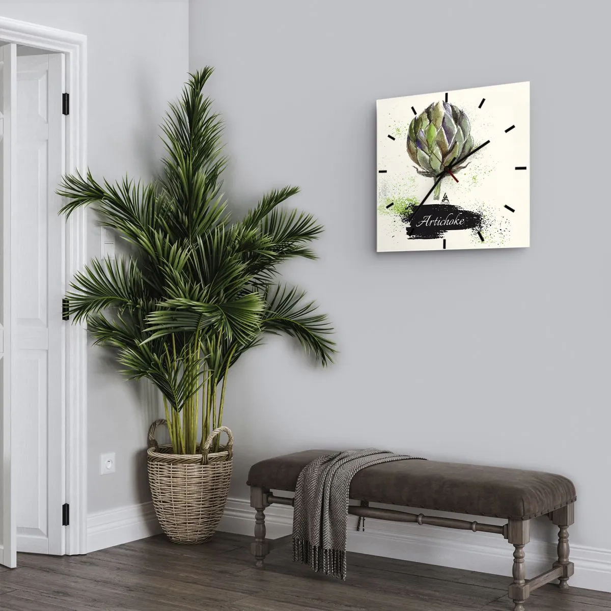 Reloj de pared - Reloj de vidrio - Alcachofa de acuarela con texto sobre un fondo claro con acentos verdes. - 30x30cm - El sabor del otoño - Decoración de pared moderna para salón y dormitorio ARTTOR