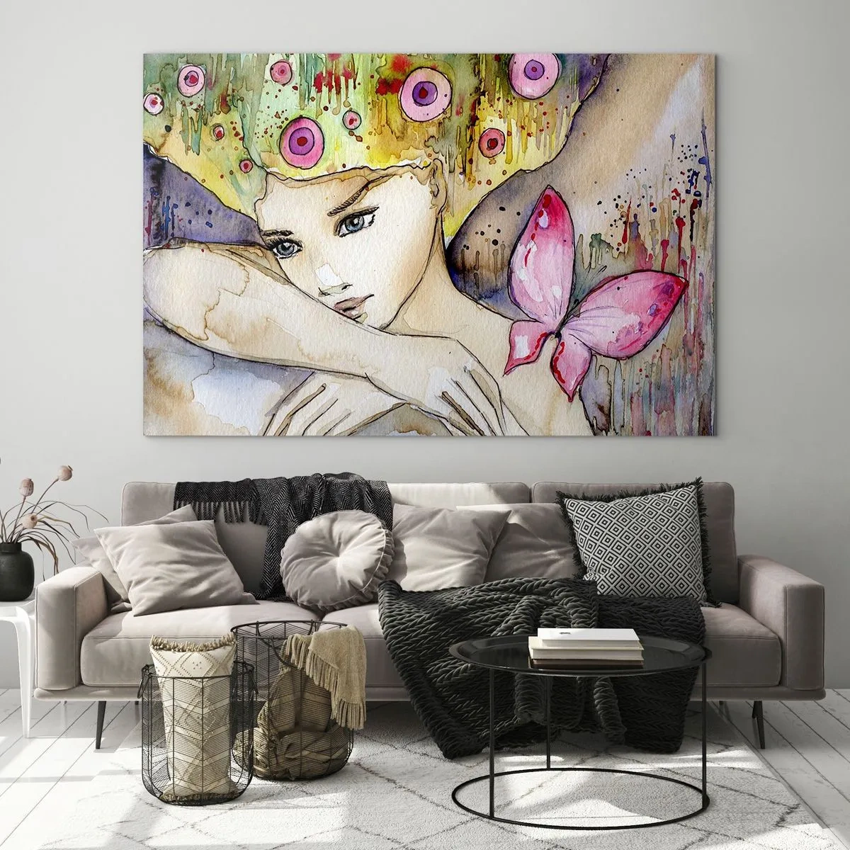 Cuadro sobre vidrio - Impresiones sobre Vidrio - Retrato de una mujer con peinado colorido y una mariposa en acuarela. - 70x50cm - Una princesa mariposa - Decoración de pared moderna para salón y dormitorio ARTTOR