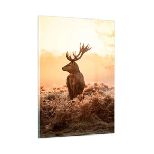 Cuadro sobre vidrio - Impresiones sobre Vidrio - Ciervos con el amanecer como telón de fondo en un paisaje natural. - 50x70cm - Un líder por derecho - Decoración de pared moderna para salón y dormitorio ARTTOR