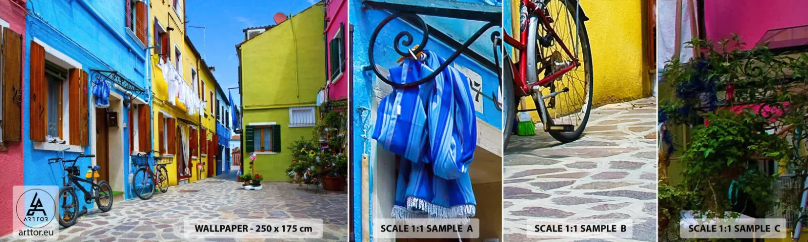 Muestra de fotomural autoadhesivo Deluxe Sticker - Callejón dulce de color pastel - Ciudad, bicicletas, Callejón - 100x30 cm