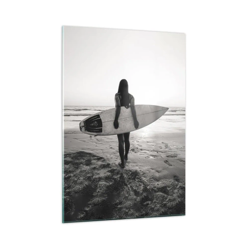 Cuadro sobre vidrio - Impresiones sobre Vidrio - Mujer con una tabla de surf en la playa al amanecer - 50x70cm - Hija de las olas marinas - Decoración de pared moderna para salón y dormitorio ARTTOR