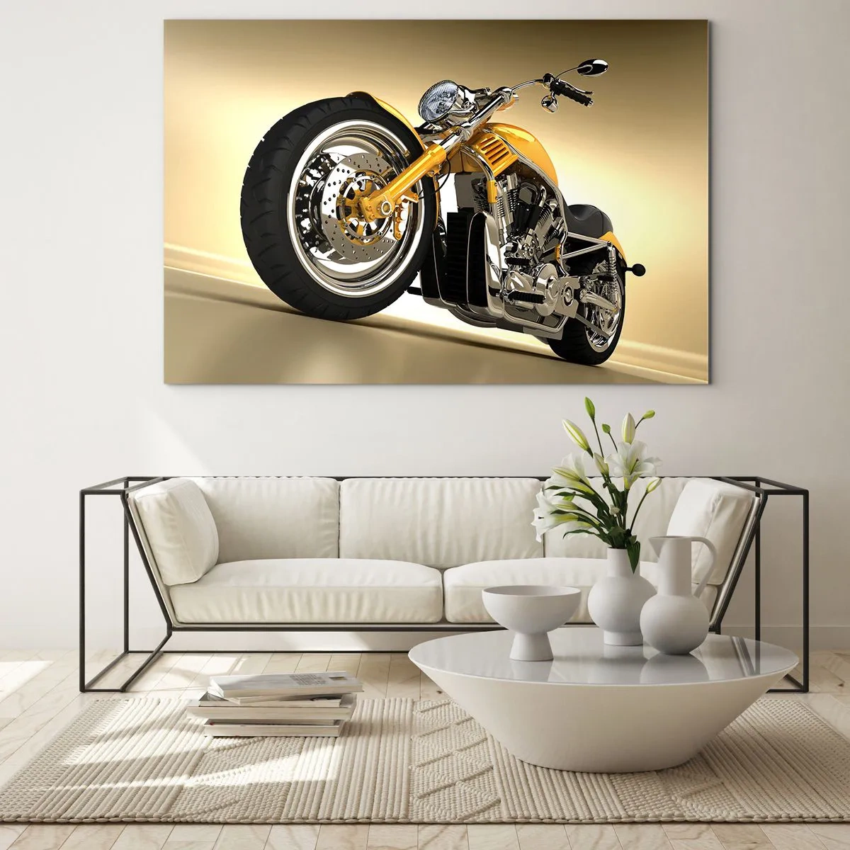 Cuadro sobre vidrio - Impresiones sobre Vidrio - Una motocicleta personalizada dorada sobre un fondo claro. - 100x70cm - Un sueño de fuerza y velocidad - Decoración de pared moderna para salón y dormitorio ARTTOR