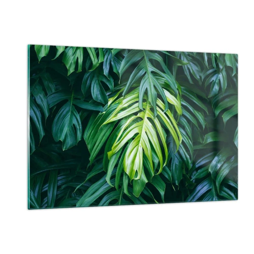 Cuadro sobre vidrio - Impresiones sobre Vidrio - Exuberantes hojas verdes de monstera bajo la luz natural. - 120x80cm - Sumérjase en la frescura - Decoración de pared moderna para salón y dormitorio ARTTOR