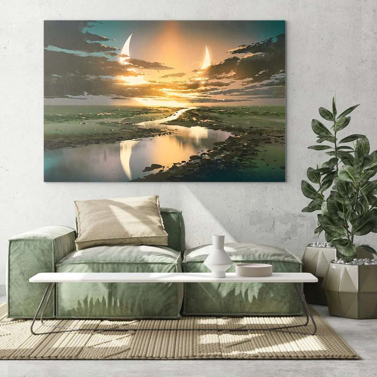 Cuadro sobre vidrio - Impresiones sobre Vidrio - Un paisaje fantástico con una luna doble sobre el río. - 100x70cm - En algún lugar de una galaxia muy, muy lejana - Decoración de pared moderna para salón y dormitorio ARTTOR